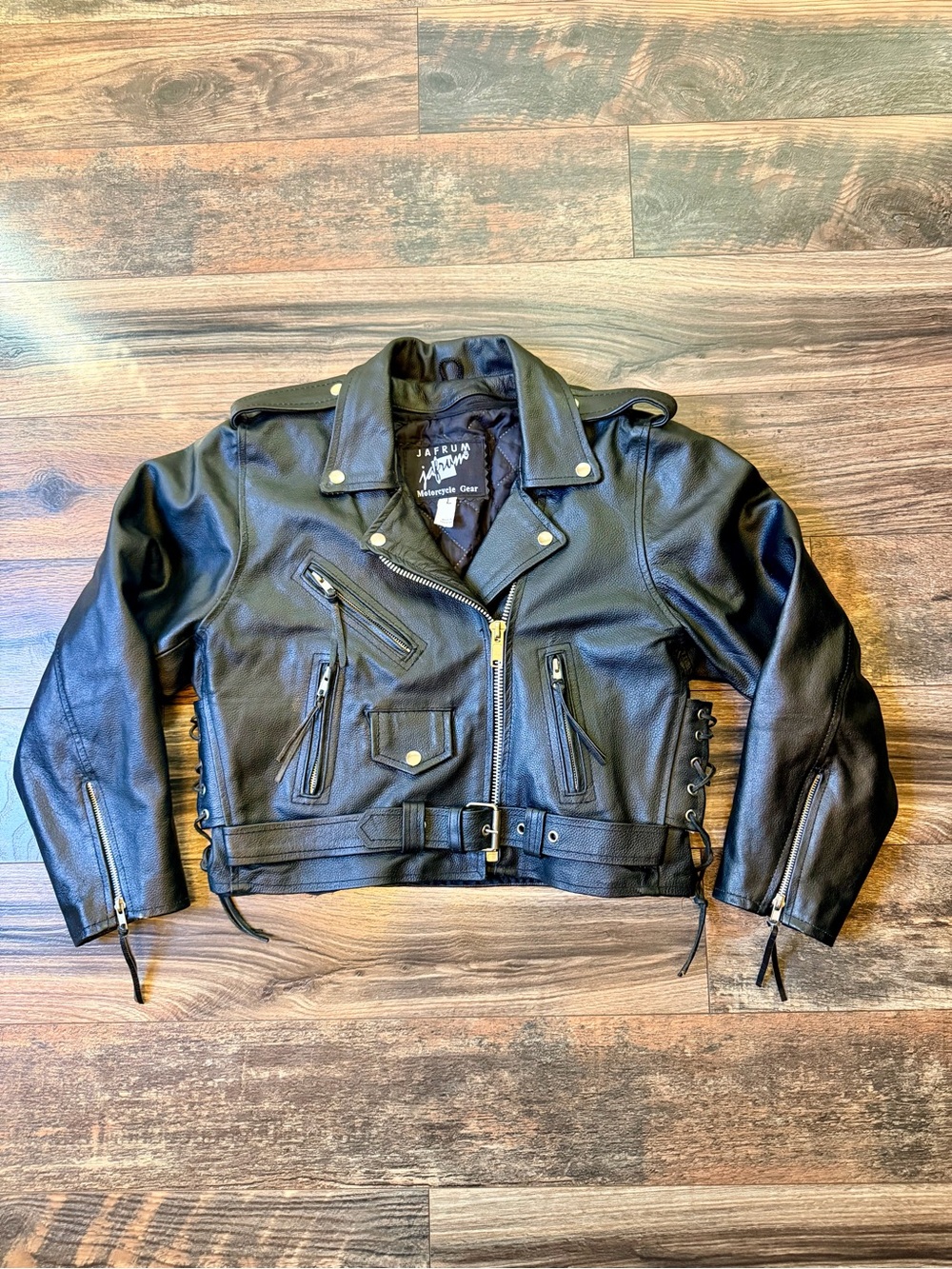 Jafrum Motorcycle Gear asymmetrical double-rider black leather jacket size Large
